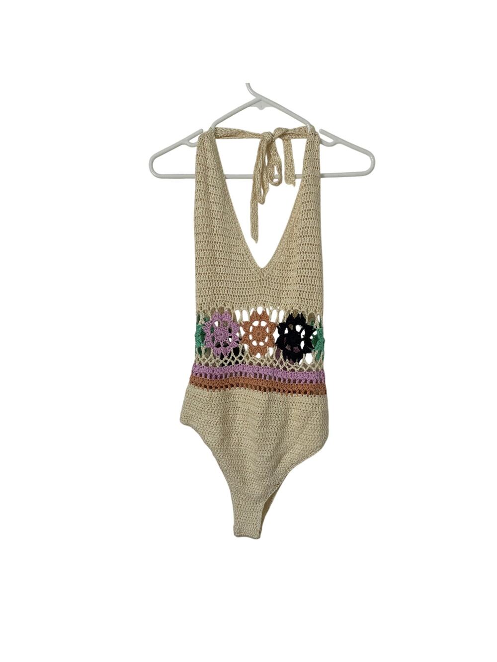 NEW Thinkable Cream Floral 70's Crochet One Piece Bathing Suit Size L